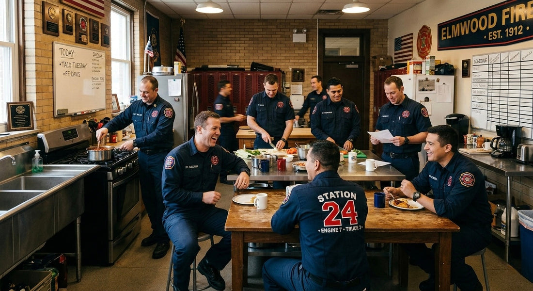Firefighters wearing matching custom station wear with embroidered names and firehouse logos inside a firehouse kitchen