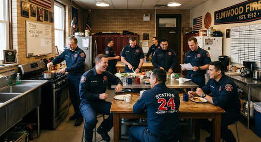 Firefighters wearing matching custom station wear with embroidered names and firehouse logos inside a firehouse kitchen