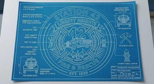 A clean vector firehouse patch design mockup with engine number, house name, and classic fire symbols